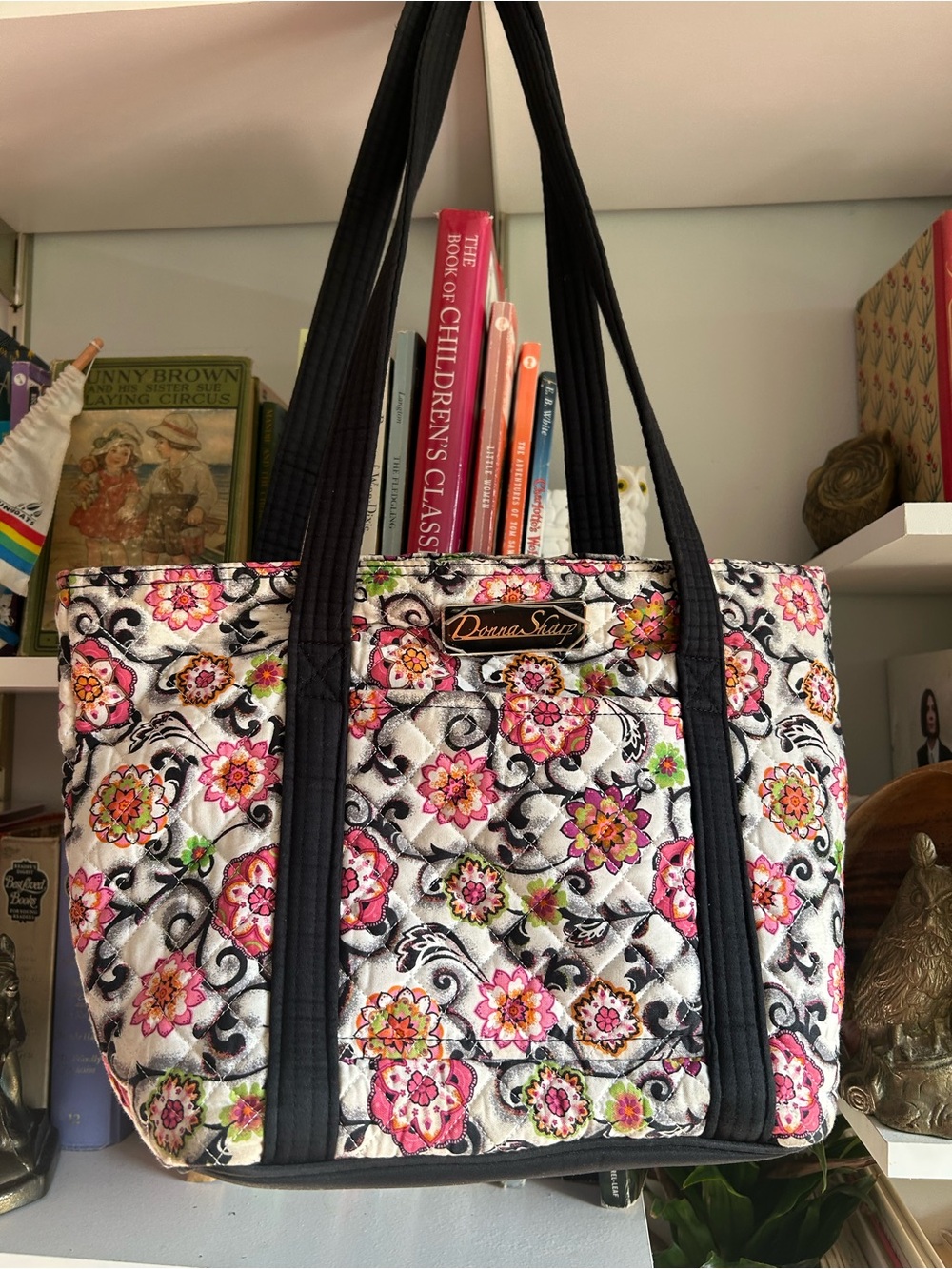 Donna Sharp Pink Floral Quilted Tote with Black Straps